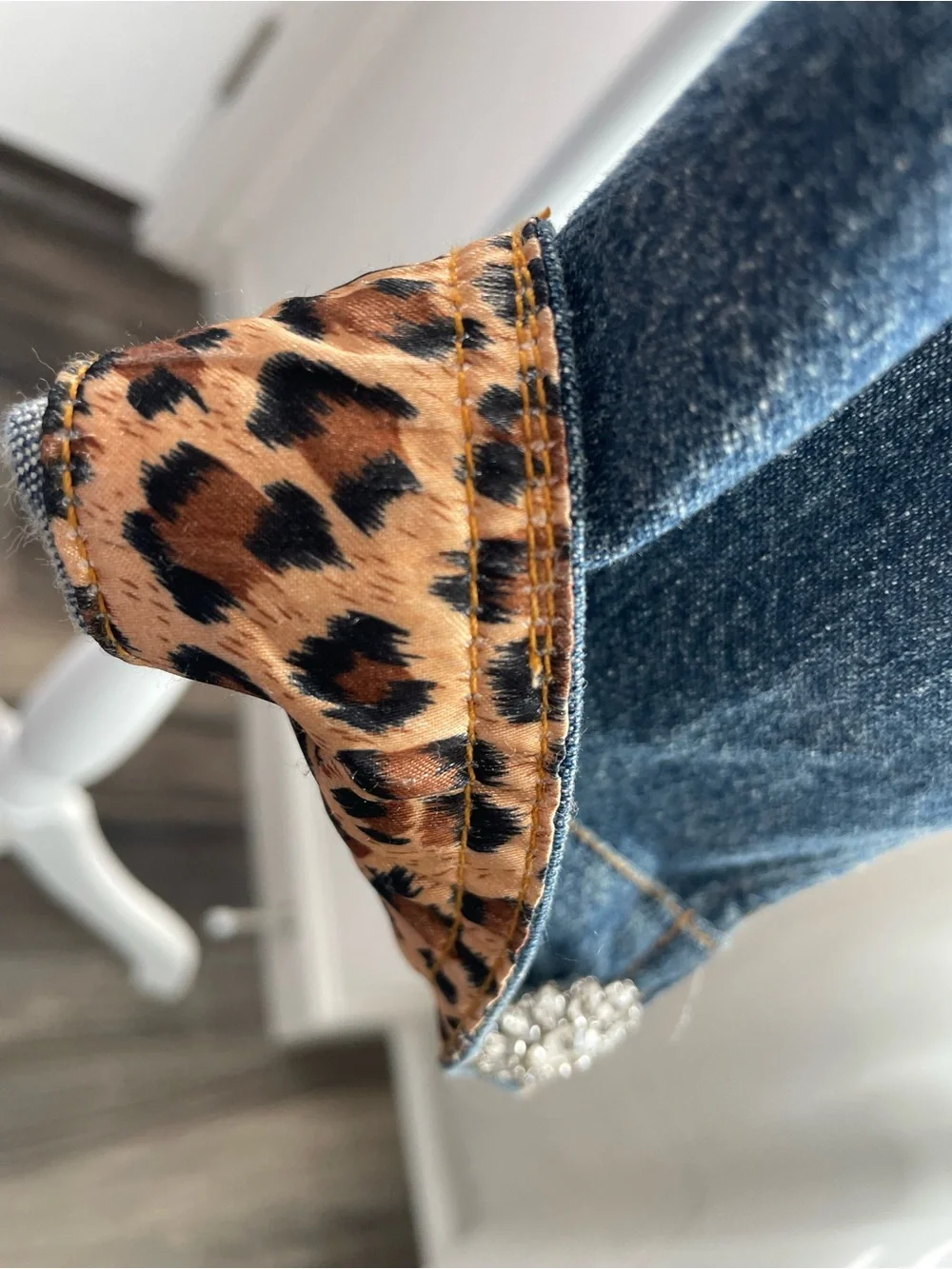 Berek Denim Jacket with leopard print facing at collar & cuffs.